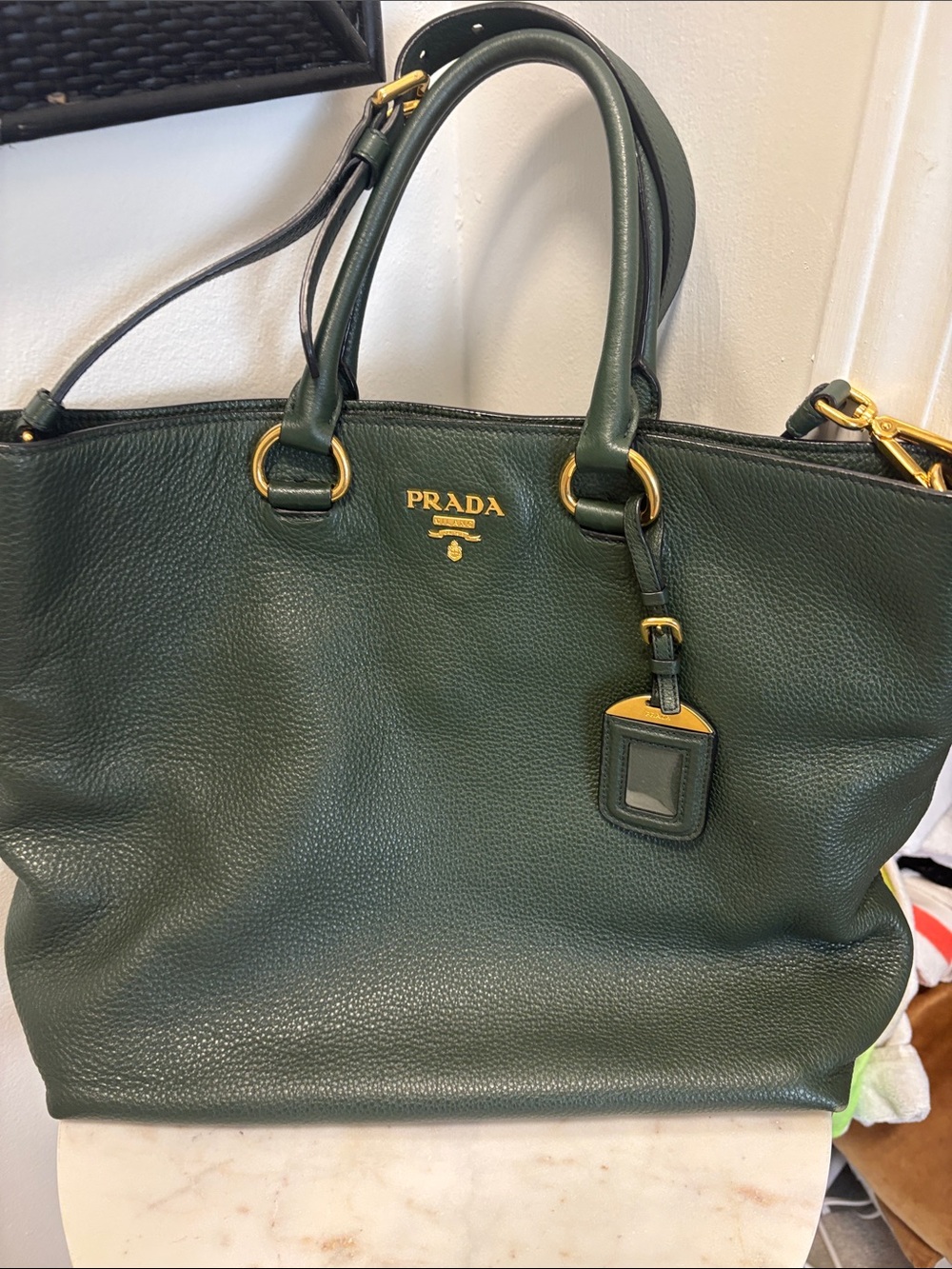 Prada Forest Green Pebbled Leather Tote with Gold Hardware - Picture 2 of 14